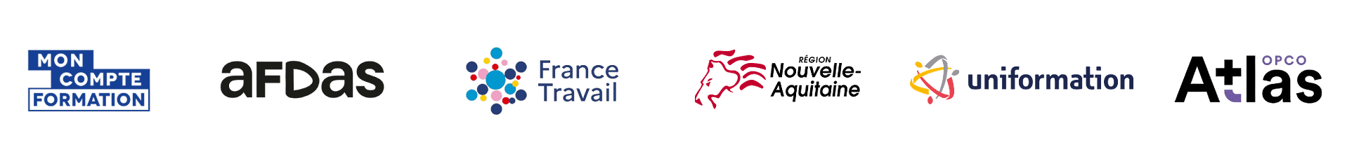 Logos des organismes de financement partenaires des formations Audiocamp : CPF, AFDAS, Atlas, France Travail.